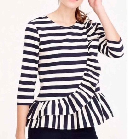 J. Crew Navy White Striped Ruffle 3/4 Sleeve Peplum Shirt Top Medium Black M Shi - Picture 1 of 5